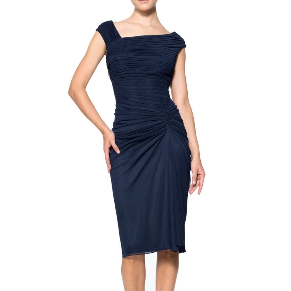 Tadashi Shoji Navy Draped Mesh Cocktail Midi Dress L